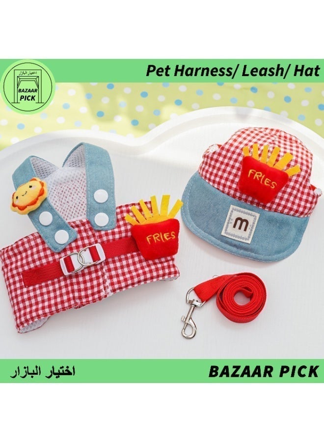 Pet Harness Set with Leash Red Plaid Fries Style Harness Chest Strap and Hat Stylish Pet Outfit for Cats and Dogs Comfortable Home and Outdoor Wear Size L - Image 1