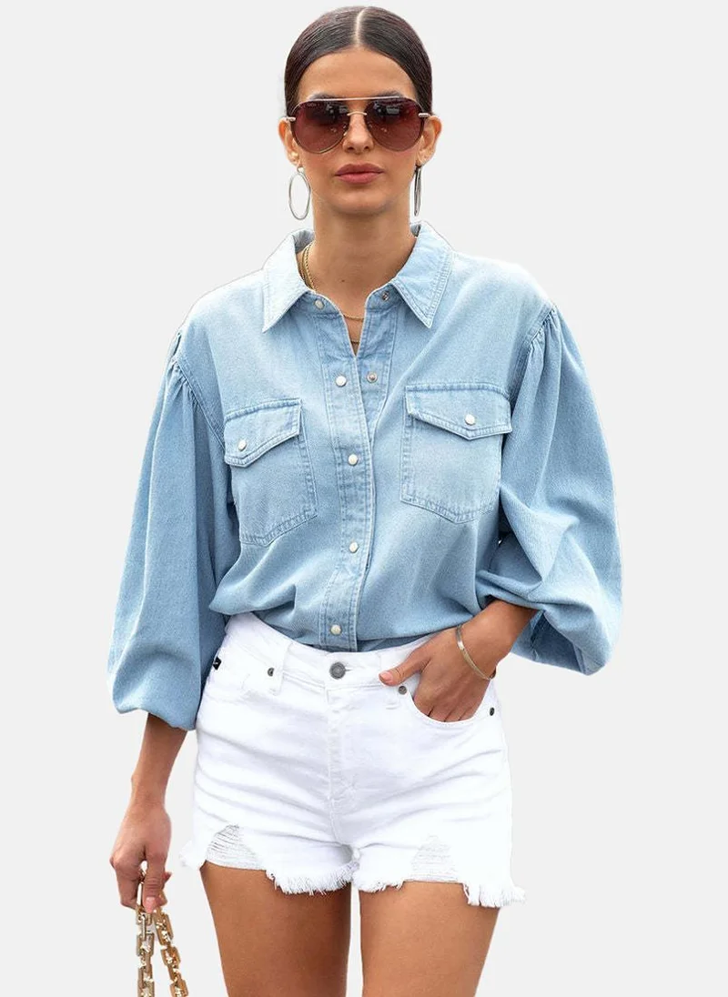 يونيكي Blue Regular Fit Spread Collar Three-Quarter Sleeves Shirts