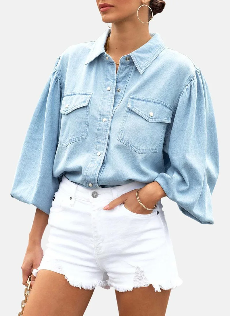 يونيكي Blue Regular Fit Spread Collar Three-Quarter Sleeves Shirts