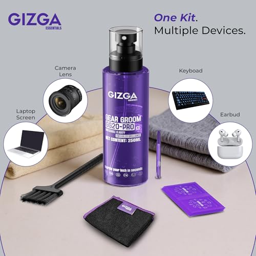 Gizga Essentials 5 in 1 Screen Cleaning Kit with 250ml Spray Microfiber Cloth, Soft Brushes, Wet Wipes | for Laptop, PC, TV, Camera Lens, Binocular, Smartphone, Tablet, Eyeglass, Keyboard Cleaning - Image 3