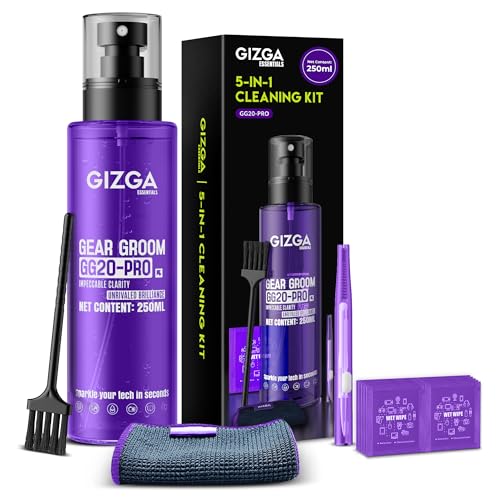 Gizga Essentials 5 in 1 Screen Cleaning Kit with 250ml Spray Microfiber Cloth, Soft Brushes, Wet Wipes | for Laptop, PC, TV, Camera Lens, Binocular, Smartphone, Tablet, Eyeglass, Keyboard Cleaning - Image 1