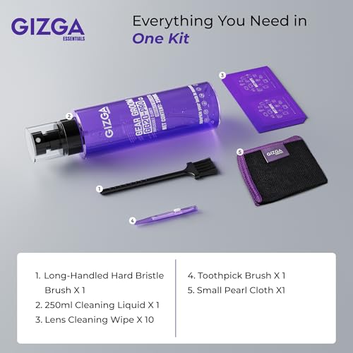 Gizga Essentials 5 in 1 Screen Cleaning Kit with 250ml Spray Microfiber Cloth, Soft Brushes, Wet Wipes | for Laptop, PC, TV, Camera Lens, Binocular, Smartphone, Tablet, Eyeglass, Keyboard Cleaning - Image 2