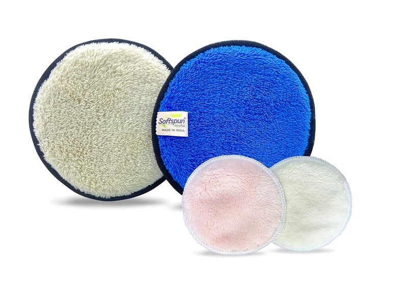 SOFTSPUN Microfiber Reusable Makeup Remover Cleansing Pads for Face Eyes Lipstick Pack of 4 280 GSM 12x12cms BlueWhite Safe for all Skin Types - Image 1