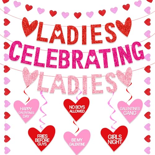 PARTY TONIGHT Galentines Day Decorations Galentines Day Banner Red Pink Glitter Heart Banner Hanging Swirls Preassembled - Image 1
