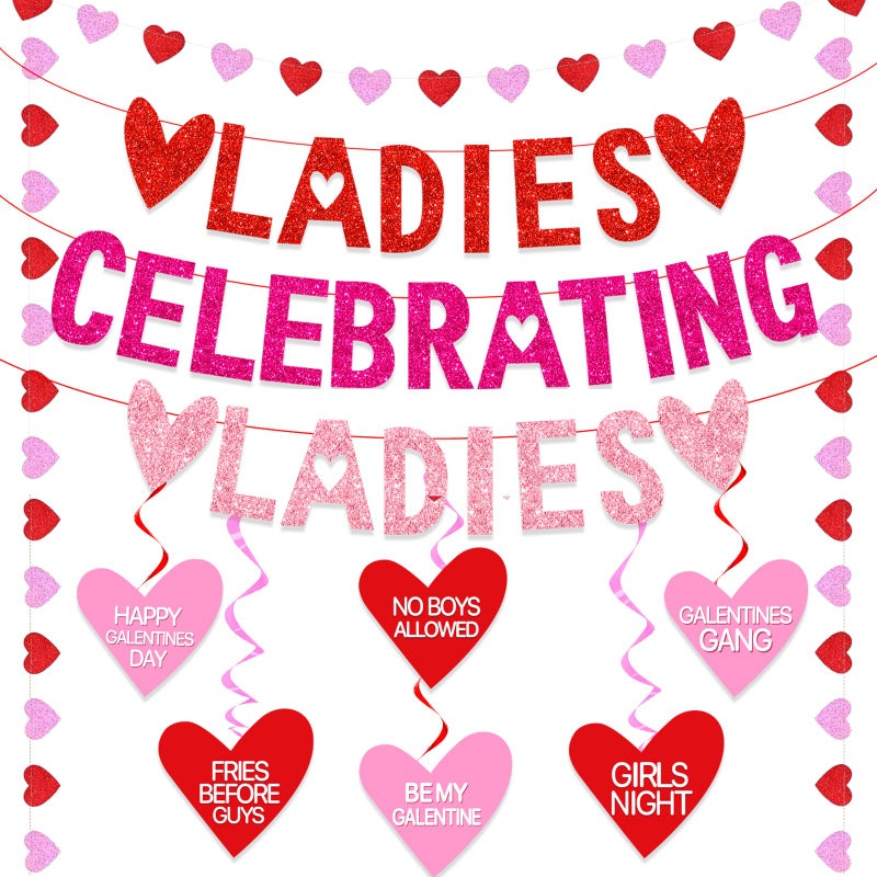 PARTY TONIGHT Galentines Day Decorations Galentines Day Banner Red Pink Glitter Heart Banner Hanging Swirls Preassembled - Image 3