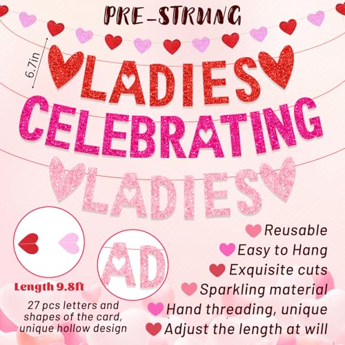 PARTY TONIGHT Galentines Day Decorations Galentines Day Banner Red Pink Glitter Heart Banner Hanging Swirls Preassembled - Image 5