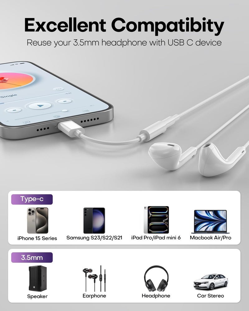 ZENVAN USB C to 3.5mm Audio Headphone Jack Adapter (2Pack), Aux to USB C Dongle Cord Cable Compatible with iPhone 17/16/15, iPad Pro, Samsung Galaxy S25 S24 S23 Ultra/Google Pixel - White - Image 5