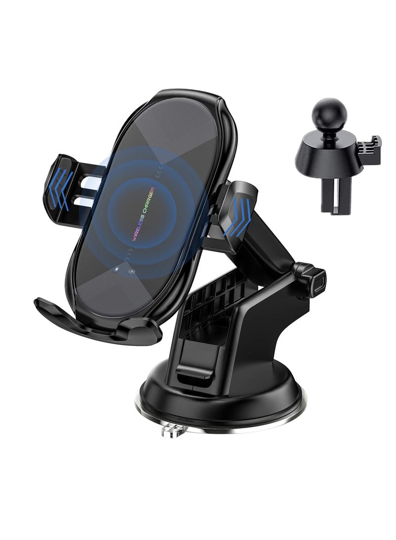 Barakah Wireless Car Charger,15W Qi Fast Charging Auto-Clamping Car Phone Holder, Air Vent Windshield Dashboard Car Phone Mount, Long Arm Suction Cup Phone Holder for iPhone or Android Phone - Image 1
