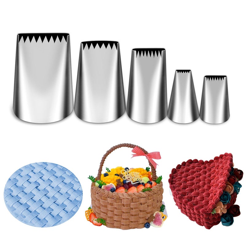 Suuker 5 Pieces Basketweave Piping Tips Set,Stainless Steel Half Row Braided Flower Cake Decorating Tips, Frosting Icing Tips for Cupcakes, Cake, Cookie and Decorating (3D 1D 895 48 47) - Image 1