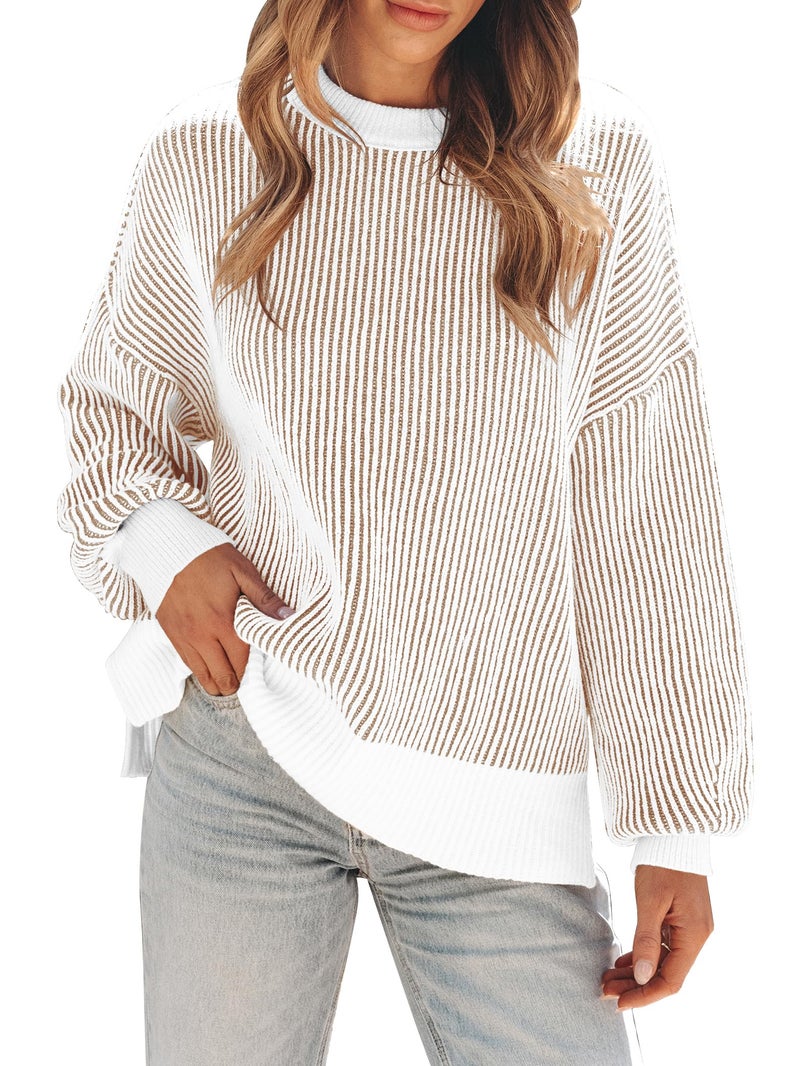 ETCYY Womens Sweaters Fall 2026 Clothes Oversized Long Sleeve Colorblock Striped Knit Pullover Tops Casual Winter Trendy Outfits,Khaki,Medium - Image 1