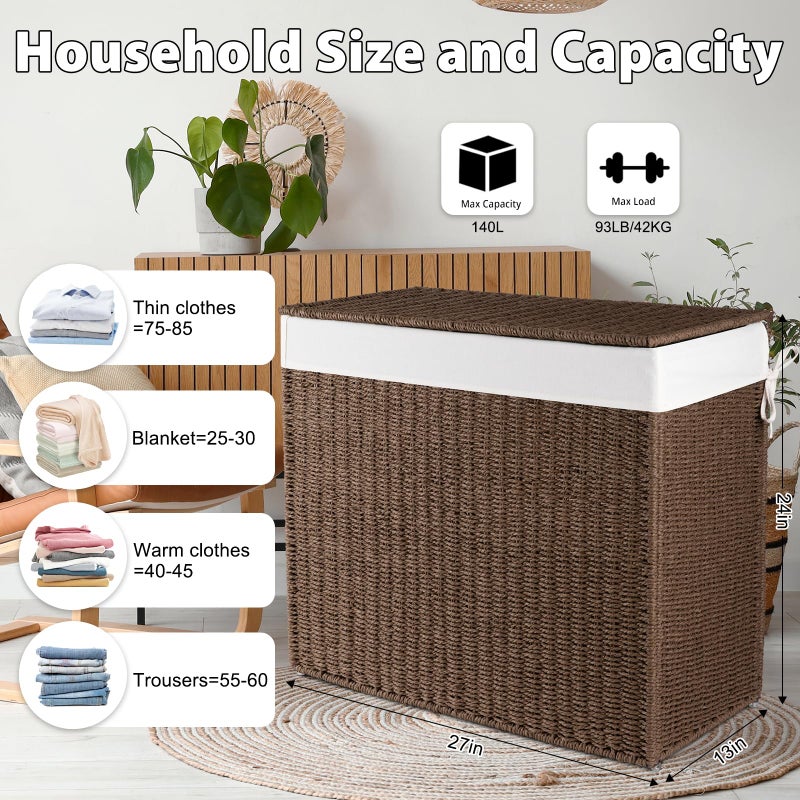 OIAHOMY Large Laundry Hamper with Lid, 35.7 Gal (140L) Wicker Hamper with Removable Liner Bag, Handwoven Clothes Basket with Handles, Foldable Paper Rope Basket for Laundry Room, Bedroom-Brown - Image 2