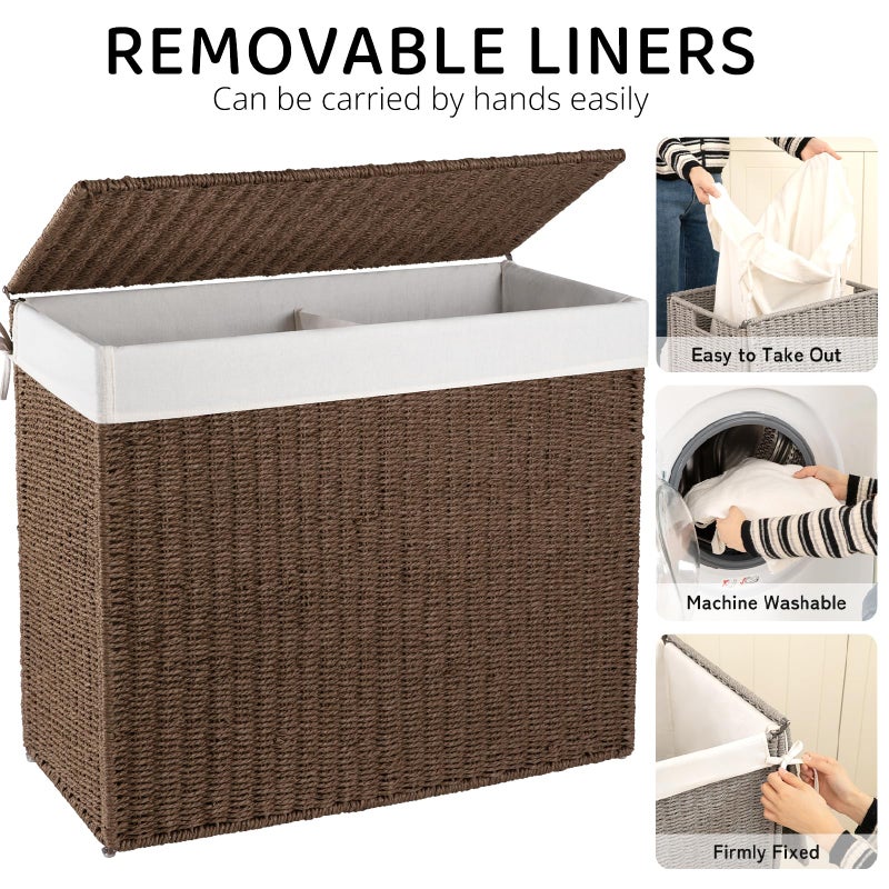 OIAHOMY Large Laundry Hamper with Lid, 35.7 Gal (140L) Wicker Hamper with Removable Liner Bag, Handwoven Clothes Basket with Handles, Foldable Paper Rope Basket for Laundry Room, Bedroom-Brown - Image 3