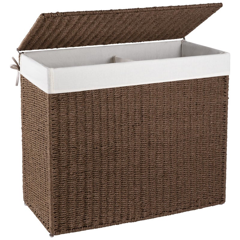OIAHOMY Large Laundry Hamper with Lid, 35.7 Gal (140L) Wicker Hamper with Removable Liner Bag, Handwoven Clothes Basket with Handles, Foldable Paper Rope Basket for Laundry Room, Bedroom-Brown - Image 1
