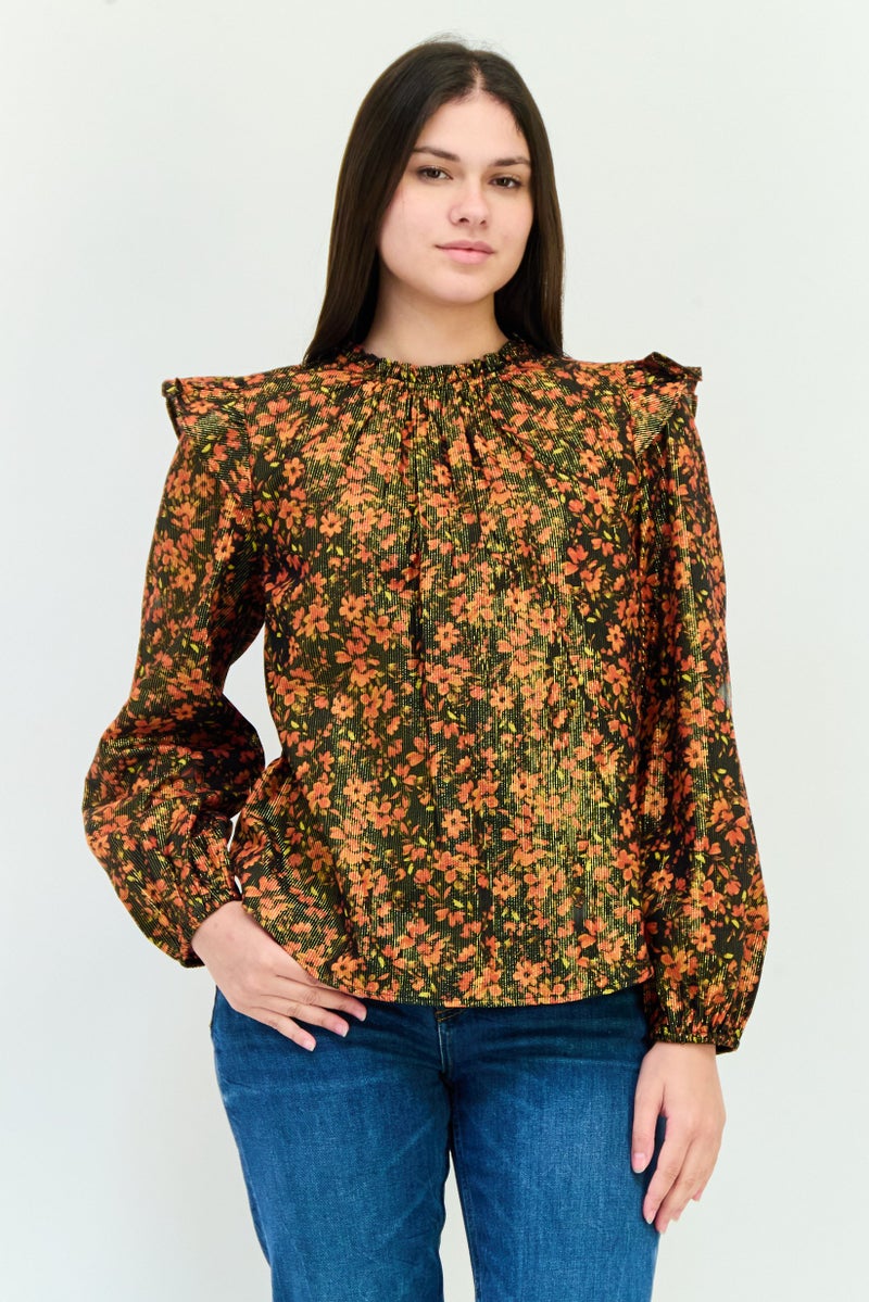 GAP Women Ruffle Neck Long Sleeve Floral Print Blouse, Multicolor - Image 1