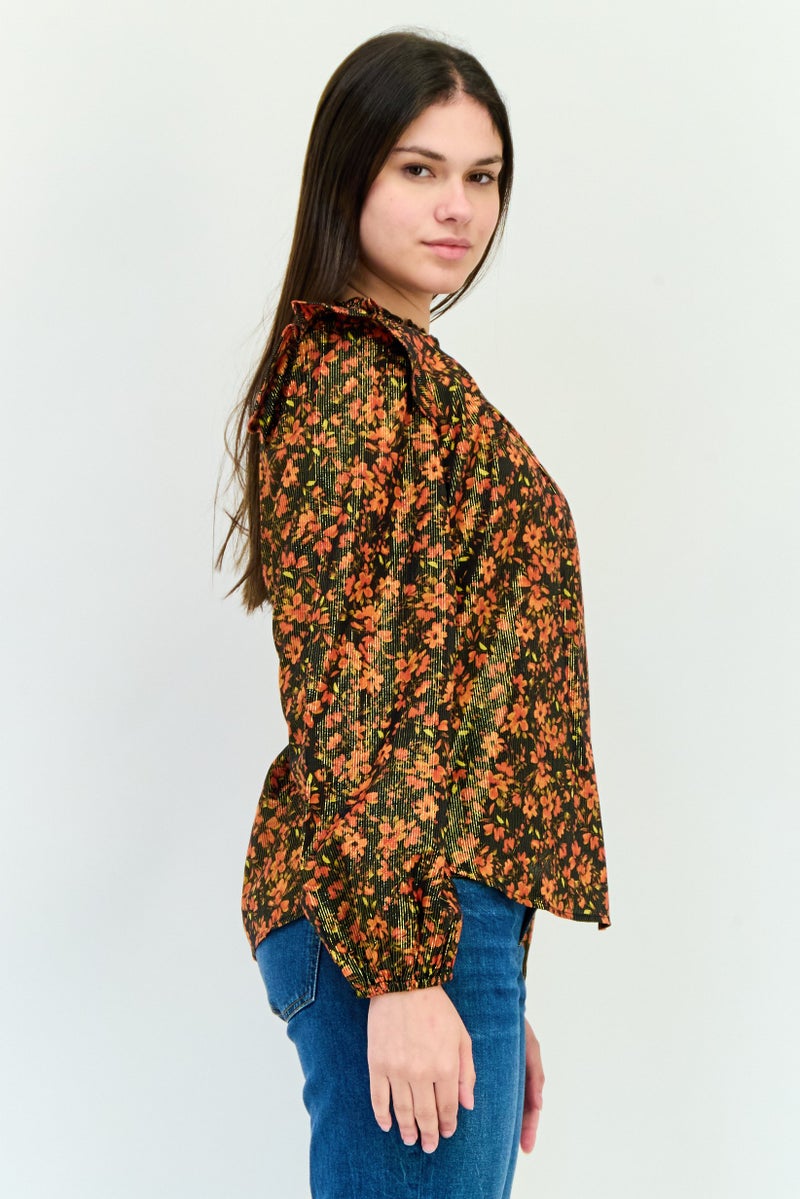 GAP Women Ruffle Neck Long Sleeve Floral Print Blouse, Multicolor - Image 2