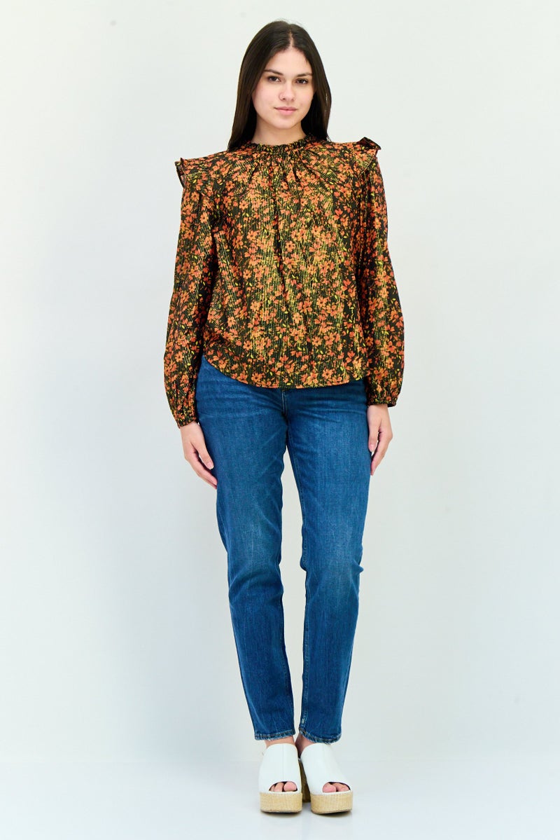 GAP Women Ruffle Neck Long Sleeve Floral Print Blouse, Multicolor - Image 4