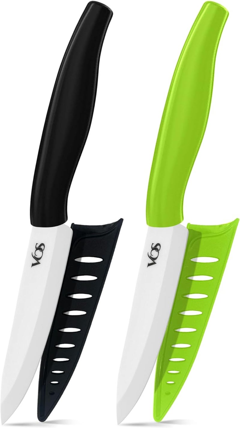 Vos Ceramic Paring Knife 4 Inch Zirconia Blade With Sheath Cover - Handle Fruit and Vegetables Kitchen Knife - Set of 2 (Green & Black) - Image 1