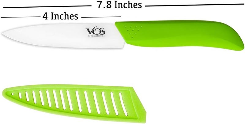 Vos Ceramic Paring Knife 4 Inch Zirconia Blade With Sheath Cover - Handle Fruit and Vegetables Kitchen Knife - Set of 2 (Green & Black) - Image 2