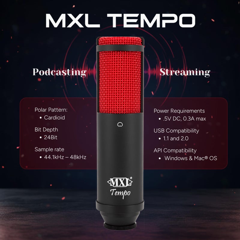 MXL TEMPO-KR Mac and PC Compatible USB 2.0 Powered Condenser Microphone - Black/Red - Image 2