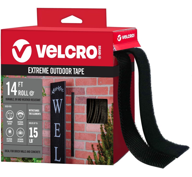 VELCRO Brand شريط تثبيت مزدوج الجوانب من علامة فيلكرو للاستخدام الخارجي الشديد | يتحمل حتى 15 رطلاً على الطوب أو الأسطح الخشنة الأخرى | مقاوم للأشعة فوق البنفسجية والطقس | لفة ثقيلة 14 قدم - Image 1