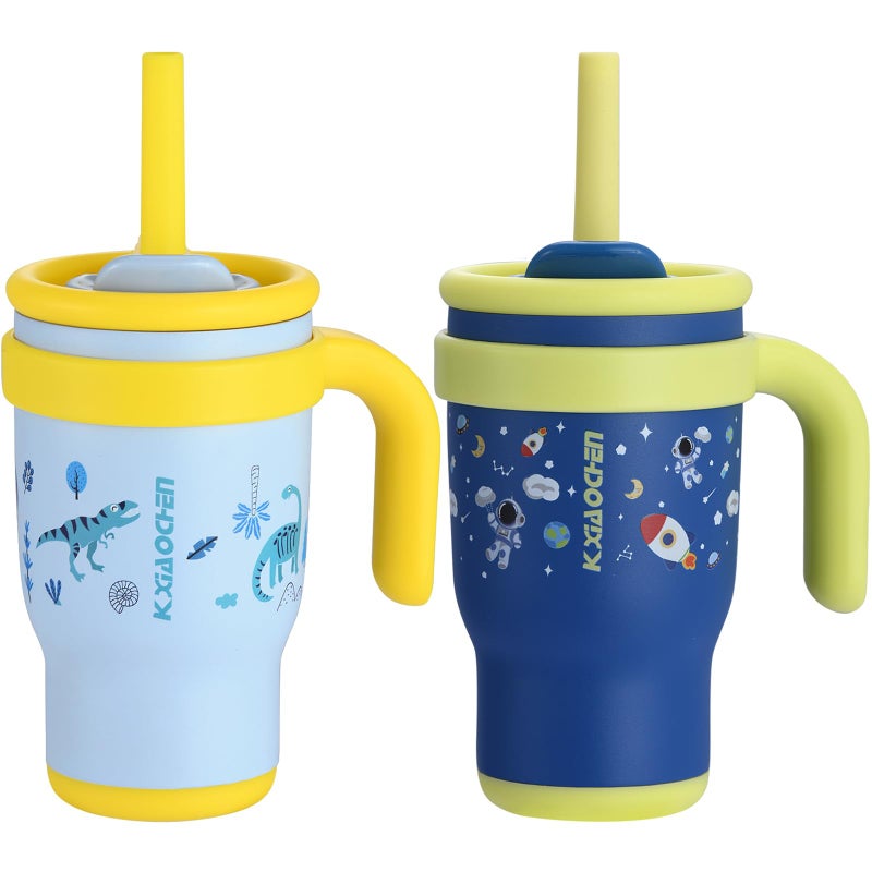 KXIAOCHEN 14 oz Kids Tumbler with Handle for Spill Proof Insulated Stainless Steel Reusable Tumbler for Toddlers Keeps Drinks Cold up to 24 HrsDinosaurSpaceman2P