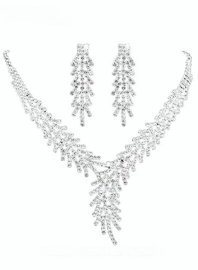 3Pcs Rhinestone Jewelry Set Shinning V Neck Necklace Zircon Earrings Pendant Dress Accessory Chic Gift for Women Ladies Mother Wife Bridesmaids Wedding Party Sliver  - Image 3