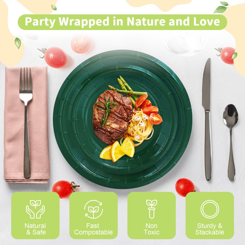 LANLISA 50 Pcs Dark Green Paper Plates Disposable, 25-9" & 25-7" Disposable Birthday Cake Dessert Plates For Christmas Holiday Party Supplies - Image 3