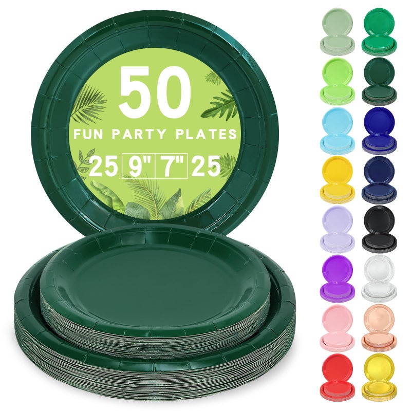 LANLISA 50 Pcs Dark Green Paper Plates Disposable, 25-9" & 25-7" Disposable Birthday Cake Dessert Plates For Christmas Holiday Party Supplies - Image 1
