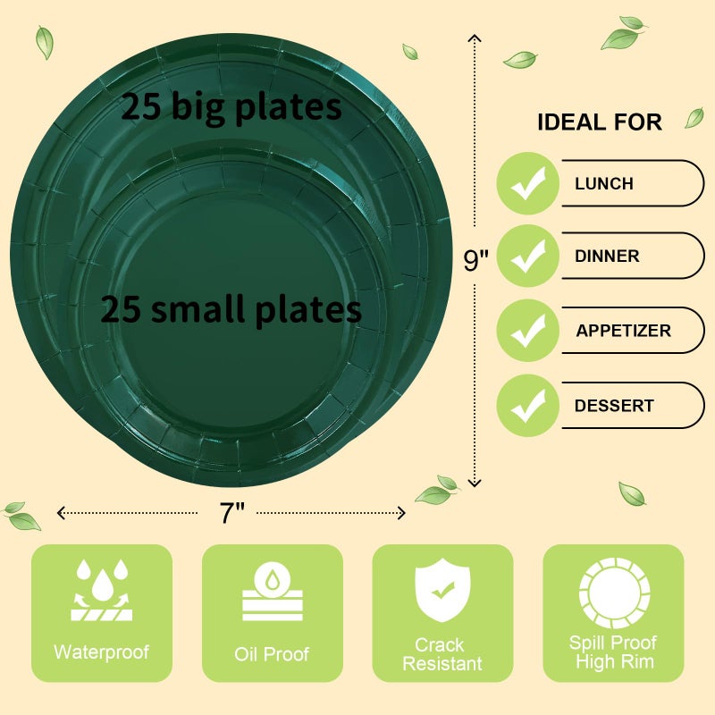 LANLISA 50 Pcs Dark Green Paper Plates Disposable, 25-9" & 25-7" Disposable Birthday Cake Dessert Plates For Christmas Holiday Party Supplies - Image 5