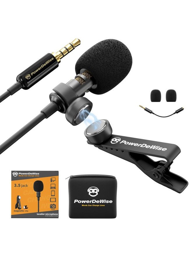 PowerDeWise Professional Grade Lavalier Clip On Microphone - Lav Mic for Camera Phone iPhone GoPro Video Recording ASMR - Small Noise Cancelling 3.5mm Tiny Shirt Microphone with Easy Clip On System - Image 1