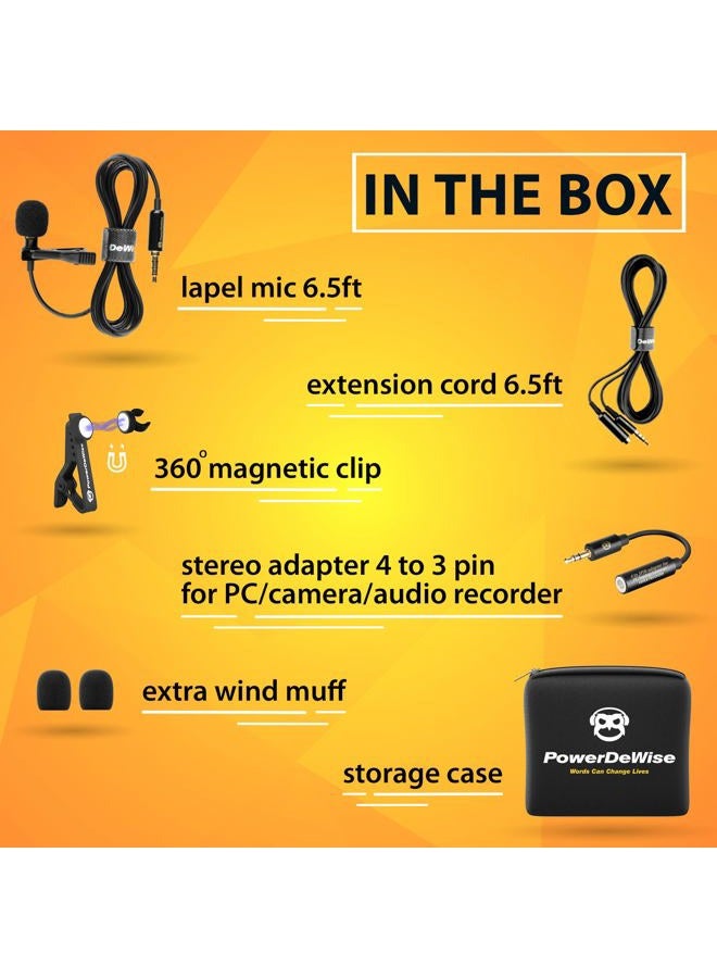 PowerDeWise Professional Grade Lavalier Clip On Microphone - Lav Mic for Camera Phone iPhone GoPro Video Recording ASMR - Small Noise Cancelling 3.5mm Tiny Shirt Microphone with Easy Clip On System - Image 3