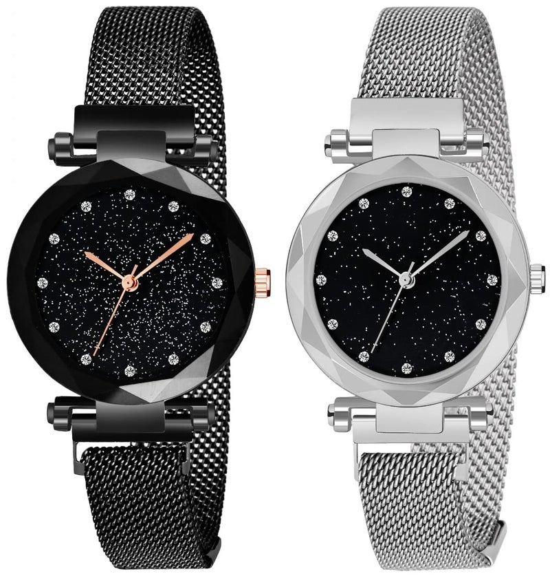 Acnos® Premium Silver and Black Color 12 Point with Trending Magnetic Analogue Metal Strap Watches for Girl's and Women's Pack of - 2(ADM-190-200) - Image 1