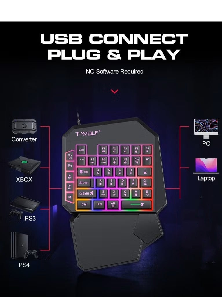 Gaming Mouse 40 Keys Single Hand Gaming Keyboard  ,Waterproof RGB Color Suitable for PC/Ps4/Xbox Gamers, Android PUBG CODM Genshin Diablo All Games