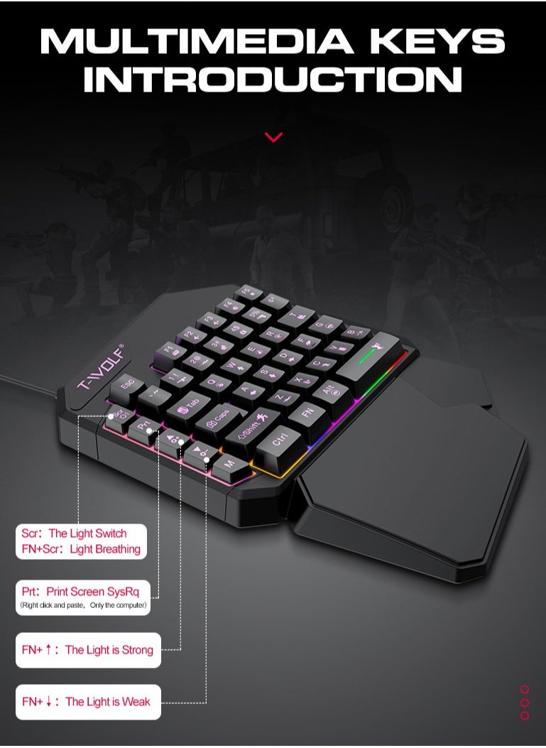 T-WOLF - Gaming Mouse 40 Keys Single Hand Gaming Keyboard  ,Waterproof RGB Color Suitable for PC/Ps4/Xbox Gamers, Android PUBG CODM Genshin Diablo All Games - Image 1