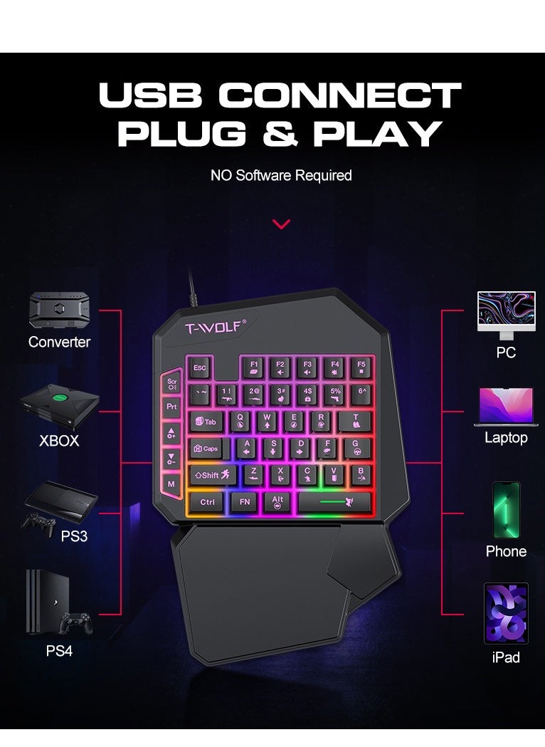 T-WOLF - Gaming Mouse 40 Keys Single Hand Gaming Keyboard  ,Waterproof RGB Color Suitable for PC/Ps4/Xbox Gamers, Android PUBG CODM Genshin Diablo All Games - Image 1