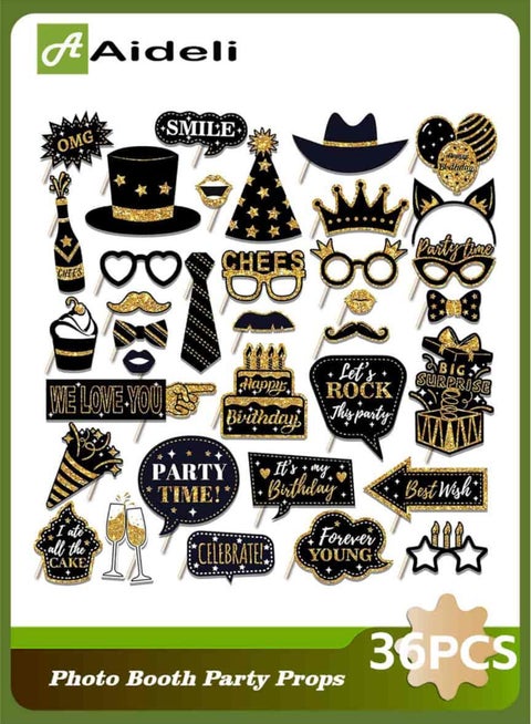 36-Pcs Party Photo Booth Props Set in Black Gold - Selfie Frames for Birthday, Holiday, Wedding & Bachelorette Parties