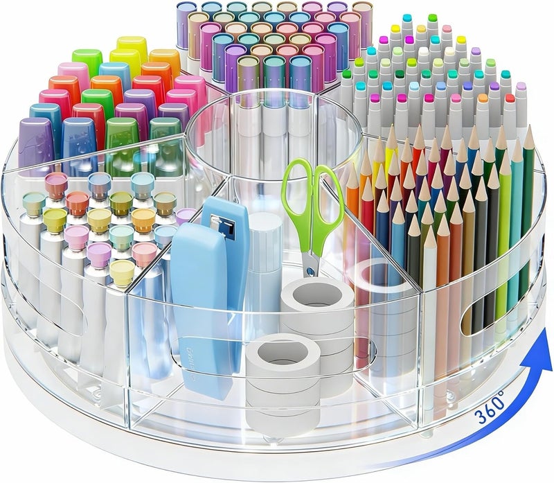 CraftGenes منظم طاولة دوار من ، منظم أقلام أكريليك 360 درجة للطاولة مع 7 حجرات قابلة للإزالة، حامل أقلام كبير جدًا للوازم المكتبية وأقلام التحديد والمستلزمات الفنية، حامل أقلام شفاف - Image 1