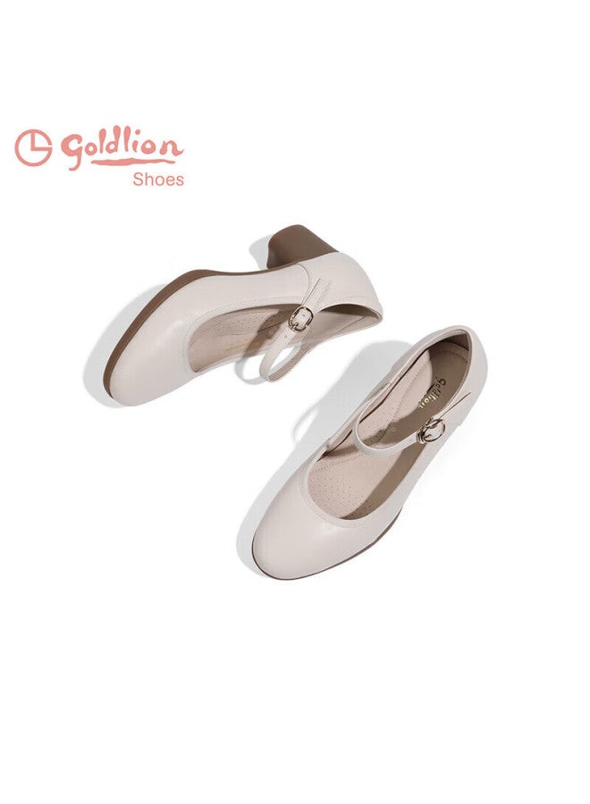Goldlion Goldlion Women's Chunky Heel Commuter Mary Jane Shoes Fashion Round Toe Cowhide Shallow Mouth Single Shoes Female G662330005 Beige 35 - Image 1