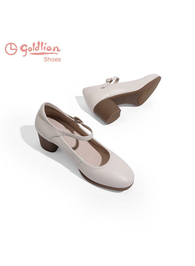 Goldlion Goldlion Women's Chunky Heel Commuter Mary Jane Shoes Fashion Round Toe Cowhide Shallow Mouth Single Shoes Female G662330005 Beige 35 - Image 4