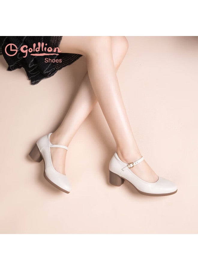 Goldlion Goldlion Women's Chunky Heel Commuter Mary Jane Shoes Fashion Round Toe Cowhide Shallow Mouth Single Shoes Female G662330005 Beige 35 - Image 3