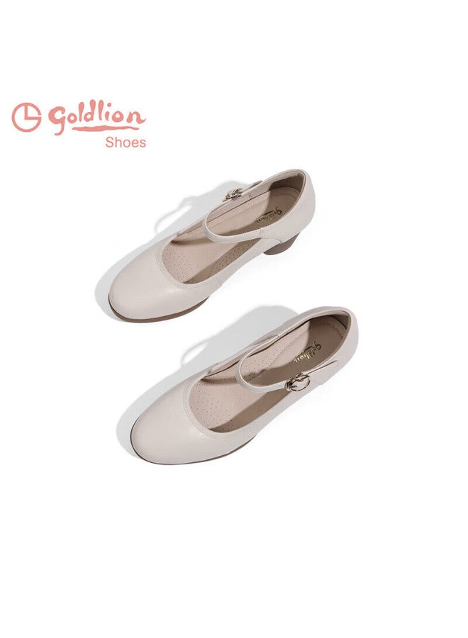 Goldlion Goldlion Women's Chunky Heel Commuter Mary Jane Shoes Fashion Round Toe Cowhide Shallow Mouth Single Shoes Female G662330005 Beige 35 - Image 5