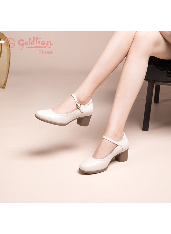 Goldlion Goldlion Women's Chunky Heel Commuter Mary Jane Shoes Fashion Round Toe Cowhide Shallow Mouth Single Shoes Female G662330005 Beige 35 - Image 2