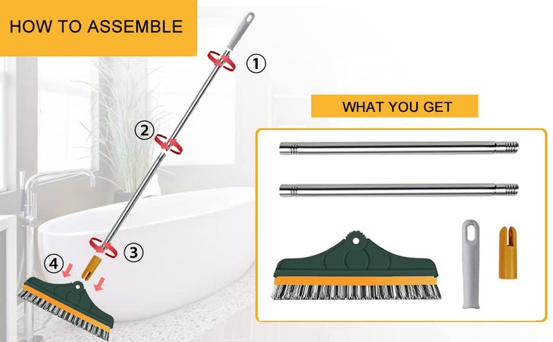 SHNMN Bathroom Cleaning Brush with Wiper 2 in 1Tiles Cleaning Brush Floor Scrub Bathroom Brush with Long Plastic Handle 120° Rotate Bathroom (Dark Yellow) - Image 4