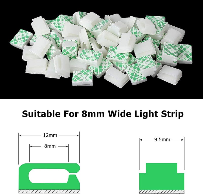 كاست ويف 100 قطعة من مشابك تثبيت شريط الإضاءة البيضاء ذاتية اللصق لإضاءة LED، حامل تثبيت ومنظم لشريط الإضاءة 8 مم (8 مم) - Image 2