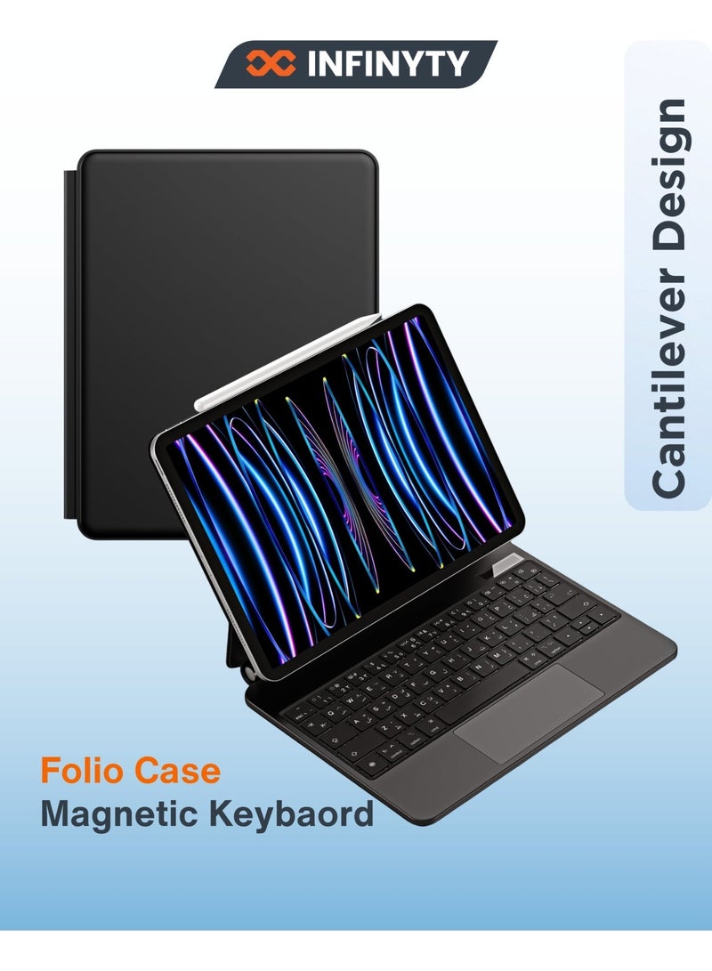 INFINYTY Magnetic Keyboard/ Folio Case for iPad Pro 13" (2024)– Exivo-II Black Features Floating Cantilever Design, English & Arabic, Backlit Keys, Multi-Touch Gestures, Bluetooth 5.2 Connectivity, LED Display, 500mAh Long Battery Life - Image 1