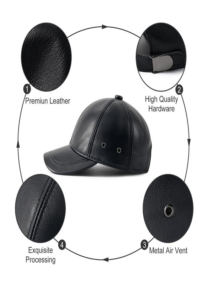 FEINION Men's Leather Hat Adjustable Genuine Leather Baseball Cap, Black, One size - Image 2