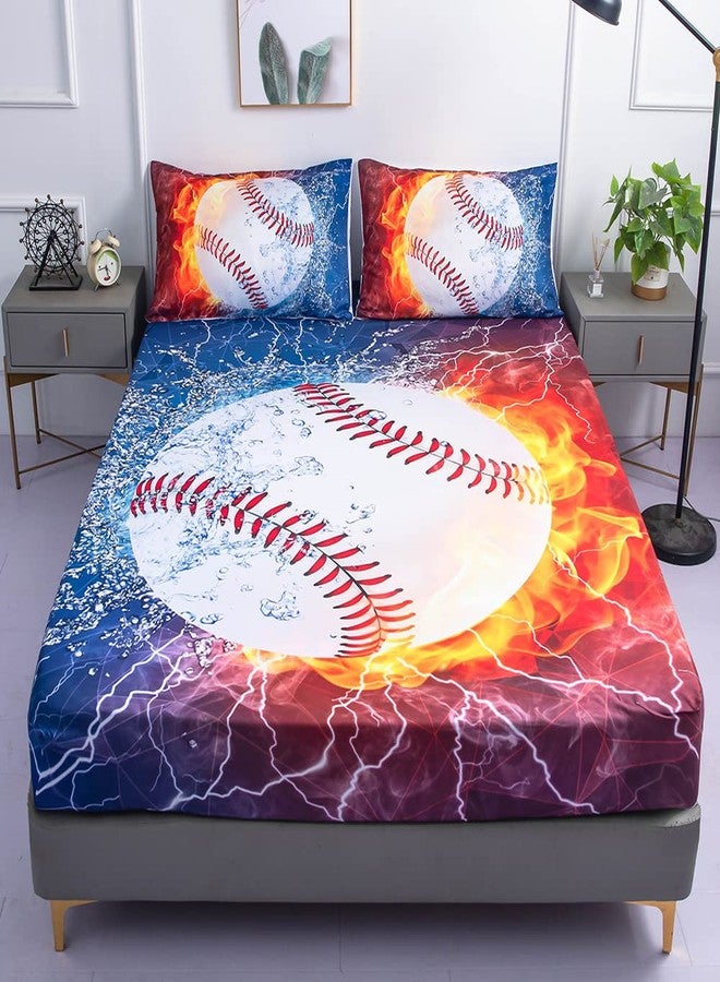 Roscloud Sports Baseballl Sheets Sets Queen Size - 3PC Ice Flame Galaxy Baseball Boys Fitted Sheets（Fitted Sheet1 Pillowcases2） - Image 1