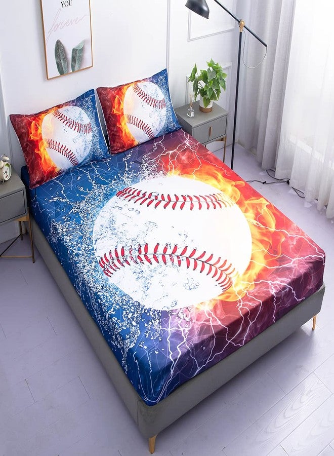 Roscloud Sports Baseballl Sheets Sets Queen Size - 3PC Ice Flame Galaxy Baseball Boys Fitted Sheets（Fitted Sheet1 Pillowcases2） - Image 2