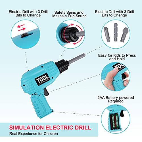 LOYO Kids Toys Tool Set - Pretend Play Construction Toy with Tool Box Kids Tool Belt Electronic Toy Drill Construction Accessories Gift for Toddlers Boys Ages 3 , 4, 5, 6, 7 Years Old (Blue) - Image 2