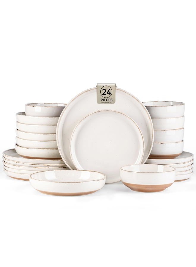 AmorArc 24 Pieces Ceramic Dinnerware Sets for 6, Handpainted Plates and Bowls Set with Rustic Terracotta Underside, Scratch Resistant Stoneware Dishes Set, Dishwasher & Microwave Safe, Light Beige - Image 1
